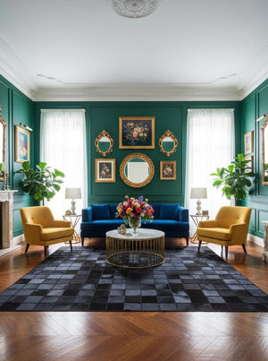 Black Cowhide Checkerboard Rug: Handmade Hair-On Leather Patchwork Carpet - Alef home