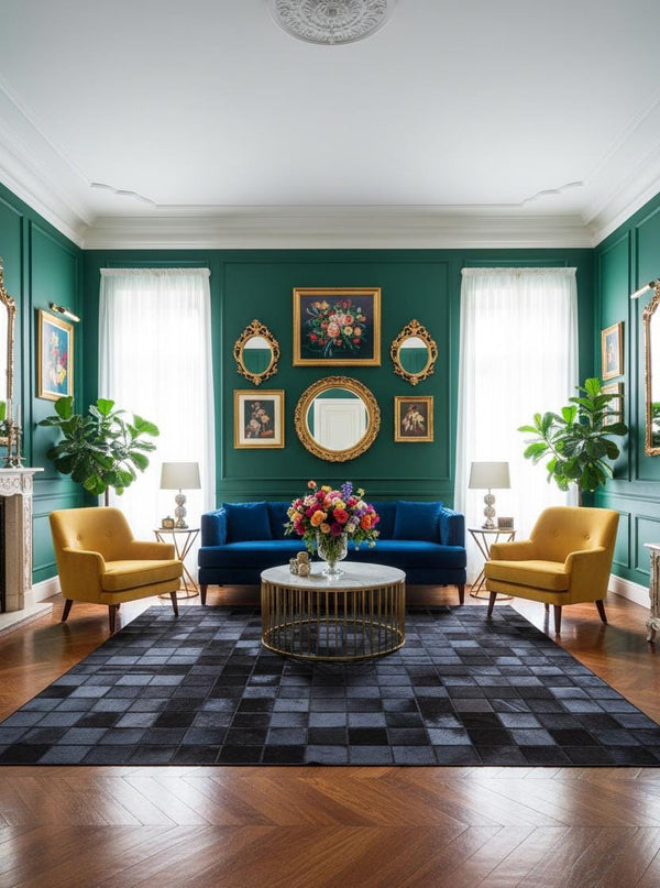 Black Cowhide Checkerboard Rug: Handmade Hair-On Leather Patchwork Carpet - Alef home