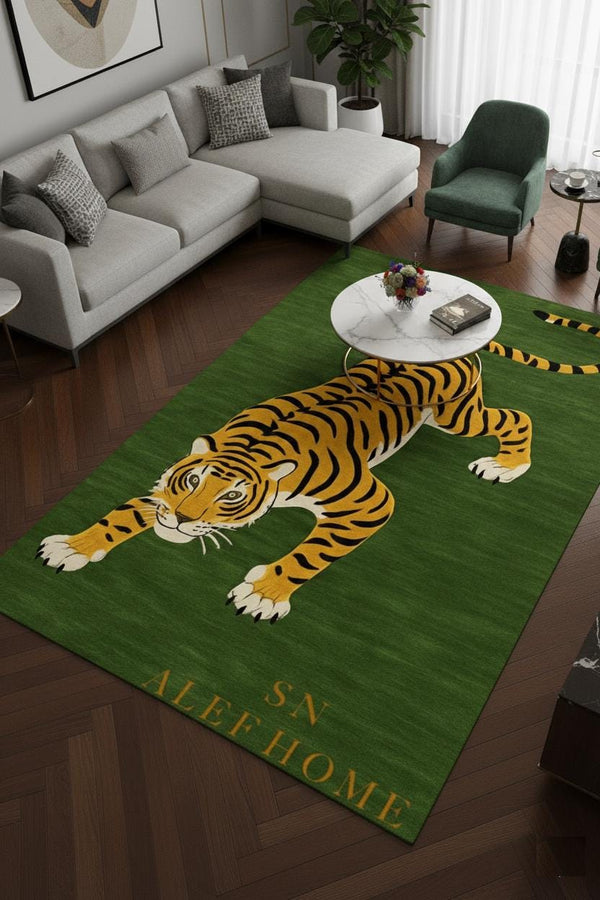 Handmade Wool Tiger Rug: Green Statement Carpet, Luxury Living - Alef home