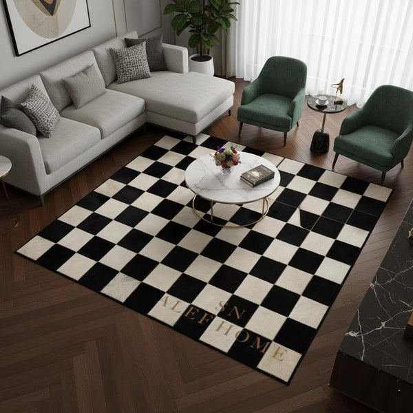 Handmade Cowhide Checkerboard Rug: Black & White Hair-On Leather Carpet - Alef home