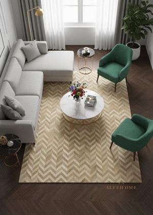 Beige Chevron Cowhide Rug: Hair-On Leather Patchwork Carpet - Alef home