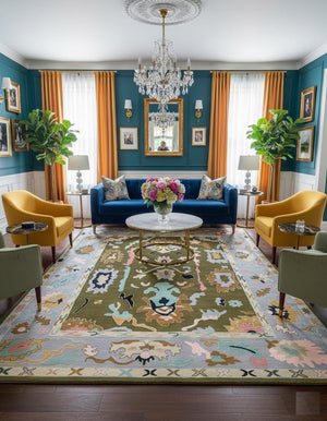 Hand-Tufted Oushak Wool Rug: Olive Green Pastel Boho Carpet