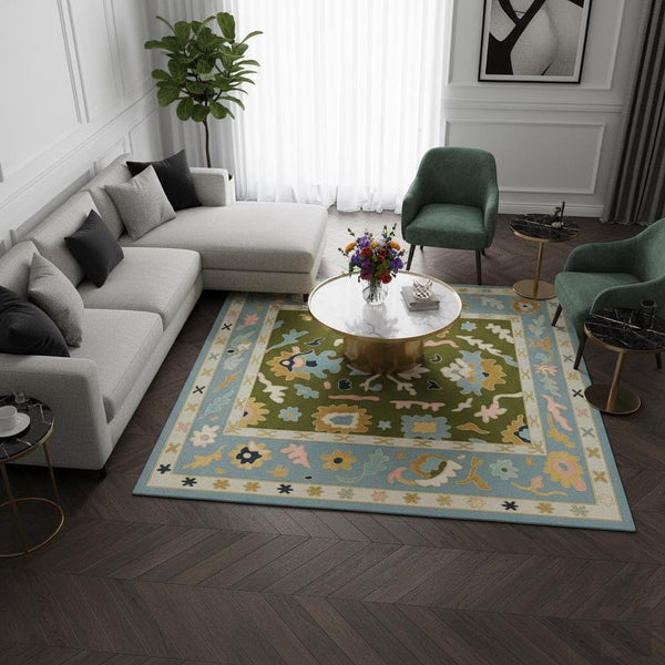 Hand-Tufted Oushak Wool Rug: Olive Green Pastel Boho Carpet