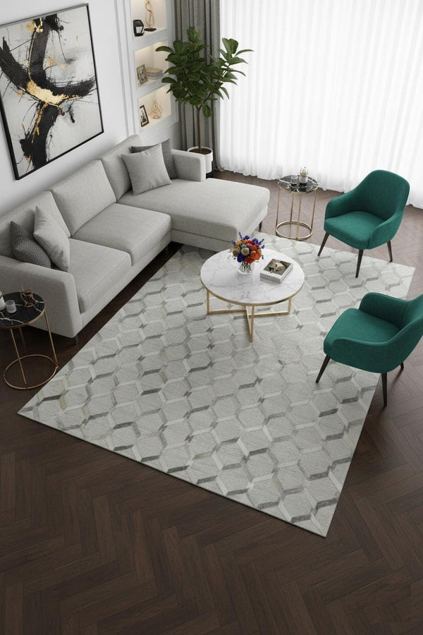 Handmade Geometric Cowhide Rug – Modern Hair-On Leather Patchwork Area Carpet for Home Décor - Alef home