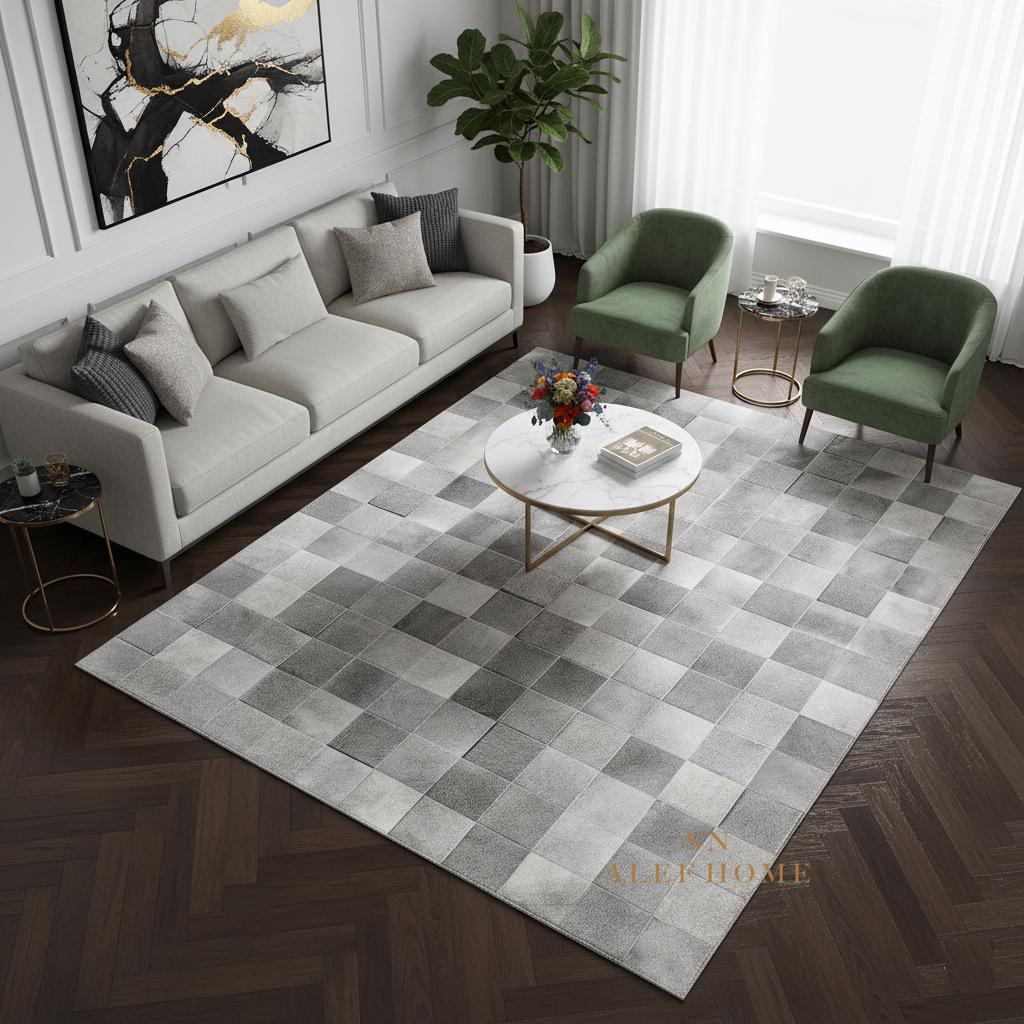 Handmade Gray Cowhide Patchwork Rug - Modern Hair-On Leather Carpet