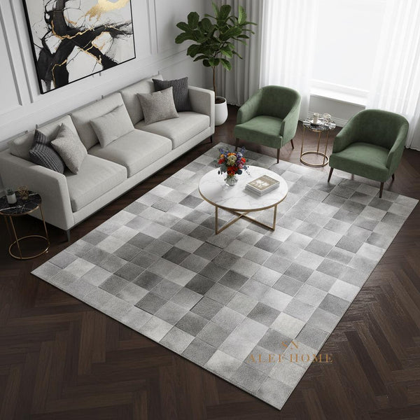 Handmade Gray Cowhide Patchwork Rug - Modern Hair-On Leather Carpet