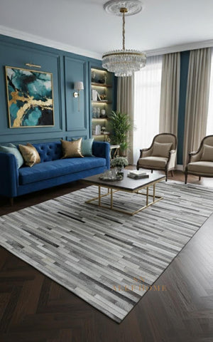 Modern Striped Cowhide Rug – Handmade Hair-On Leather Patchwork Carpet for Living Room Décor