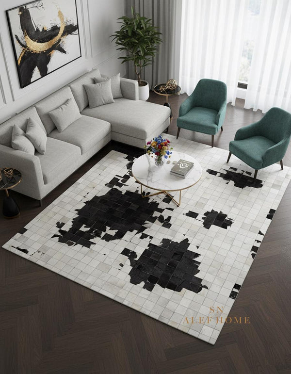 Black & White Cowhide Patchwork Rug – Handmade Hair-On Leather Carpet for Contemporary Home Décor