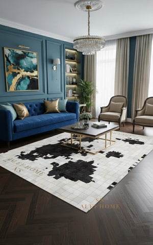 Black & White Cowhide Patchwork Rug – Handmade Hair-On Leather Carpet for Contemporary Home Décor - Alef home