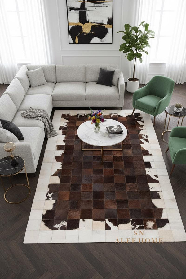 Handmade Geometric Cowhide Rug – Rustic Hair-On Patchwork LeatherCarpet for Home Decor - Alef home