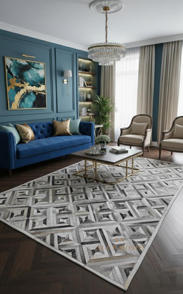 Grey Cowhide Patchwork Rug – Handmade Geometric Hair-On Leather Carpet for Modern Home Decor - Alef home