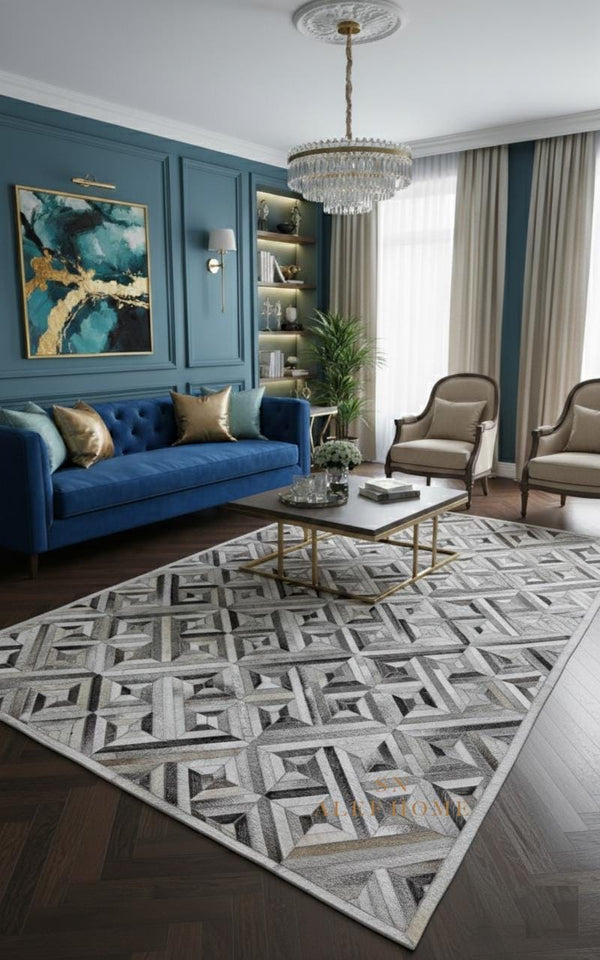 Grey Cowhide Patchwork Rug – Handmade Geometric Hair-On Leather Carpet for Modern Home Decor - Alef home