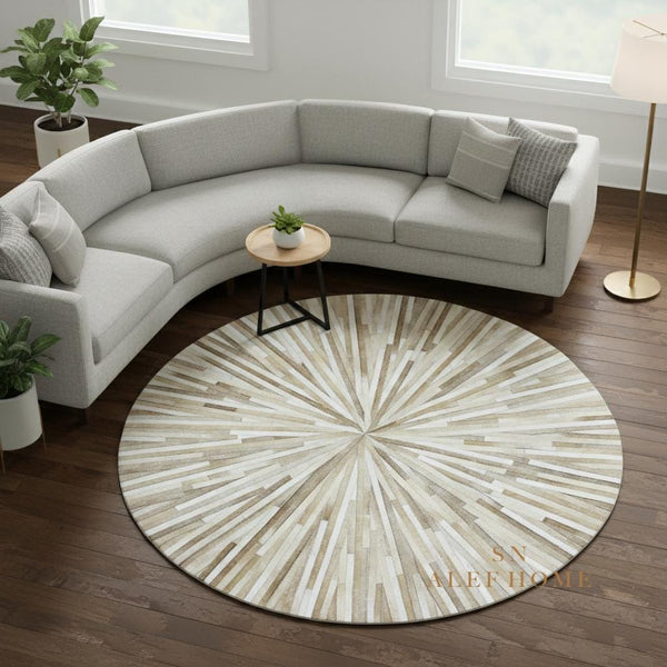 Handmade Beige Cowhide Rug: Round Leather Patchwork Carpet