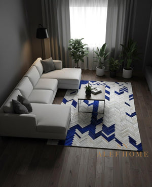 Handmade Blue & White Chevron Cowhide Rug - Patchwork Leather Carpet - Alef home