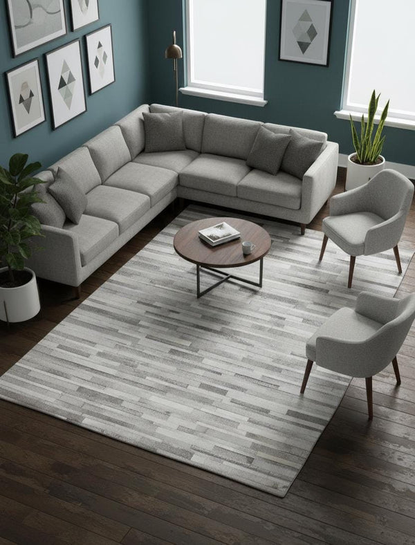 Grey Cowhide Patchwork Area Rug – Handmade Hair-On Leather Carpet for Modern Home Room Decor - Alef home