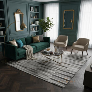 Handcrafted Grey Cowhide Rug 8x10 – Modern Striped Hair-On Leather Patchwork Carpet for Living Room - Alef home