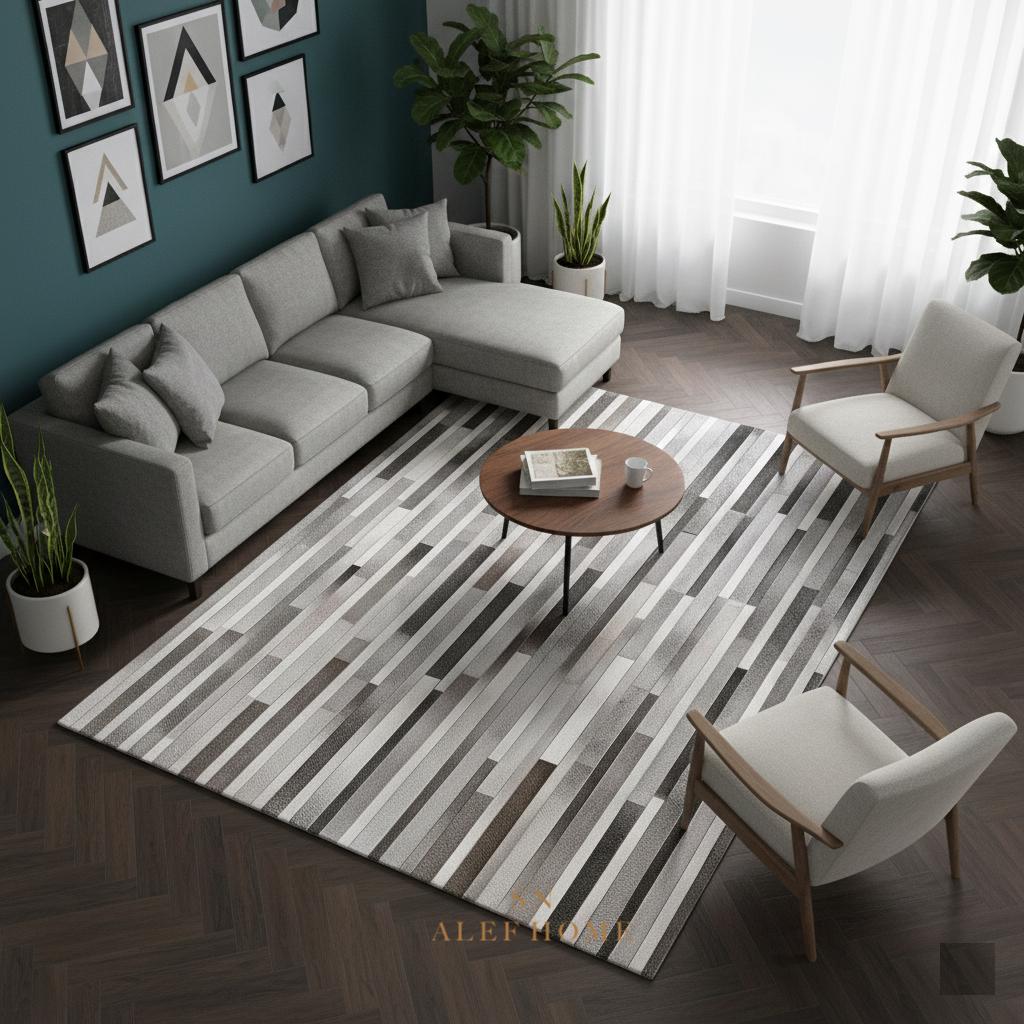Handcrafted Grey Cowhide Rug 8x10 – Modern Striped Hair-On Leather Patchwork Carpet for Living Room - Alef home