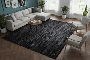 Black Striped Cowhide Patchwork Rug – Handmade Hair-On Leather Carpet for Home Décor - Alef home