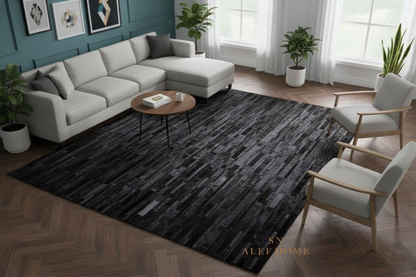 Black Leather Patchwork Rug – Handmade Hair-On Cowhide Carpet for Modern Living Room Décor - Alef home