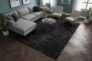 Black Striped Cowhide Patchwork Rug – Handmade Hair-On Leather Carpet for Home Décor - Alef home