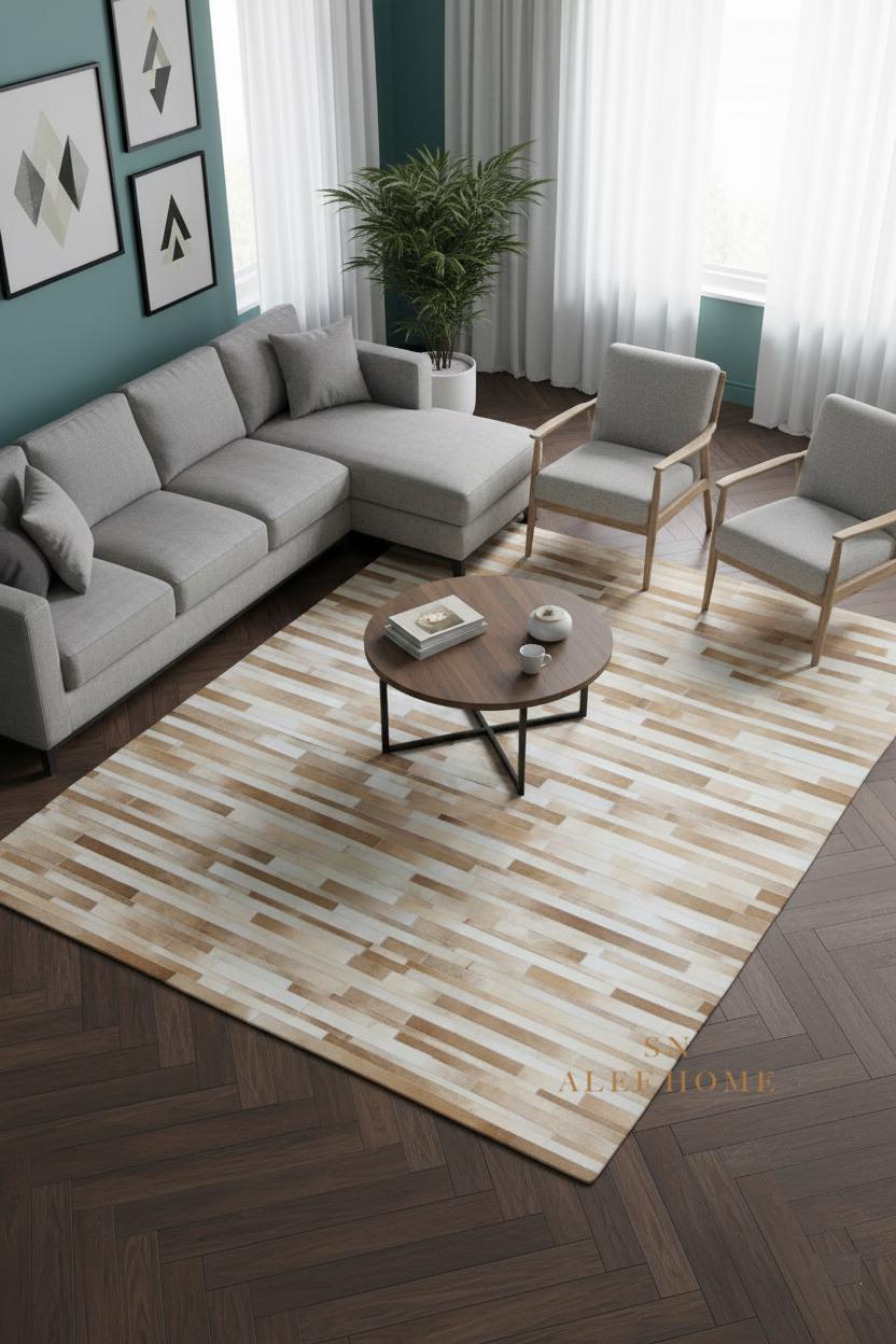 Beige Cowhide Patchwork Rug – Handmade Hair-On Leather Carpet for Modern Home Living Room Decor - Alef home