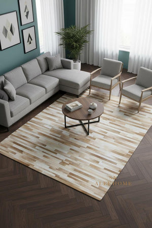 Handmade Beige Striped Cowhide Patchwork Rug : Hair-On Leather Carpet Modern Home Decor