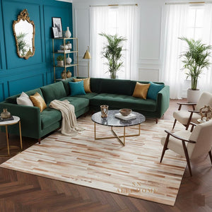 Beige Cowhide Patchwork Rug – Handmade Hair-On Leather Carpet for Modern Home Living Room Decor - Alef home