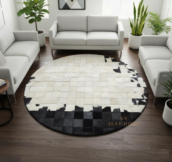Handmade Round Cowhide Patchwork Rug: Black, White, and Natural Hair-On Leather Carpet - Alef home