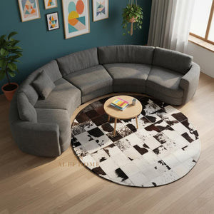 Handmade Cowhide Patchwork Rug: Round Black & White Leather Carpet