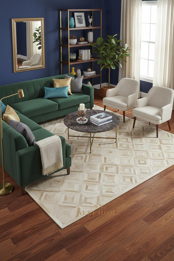 Geometric Cowhide Patchwork Rug: Beige Hair-On Leather, Handmade - Alef home