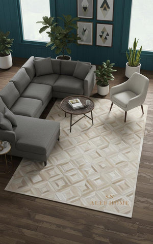 Geometric Cowhide Patchwork Rug: Beige Hair-On Leather, Handmade - Alef home