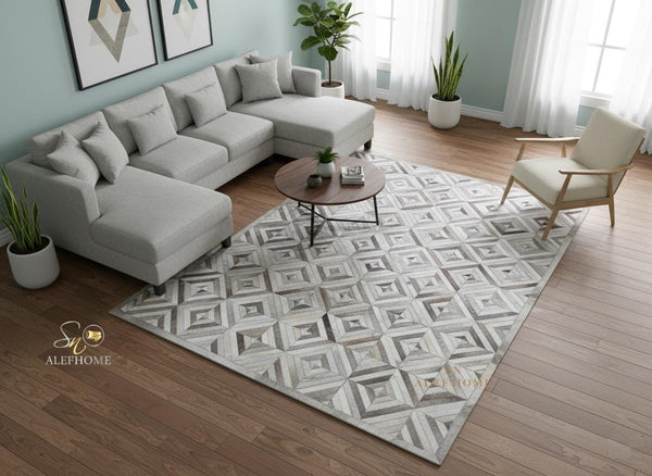 Grey Cowhide Patchwork Rug – Handmade Geometric Hair-On Leather Carpet for Modern Home Decor - Alef home