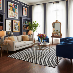 Black and White Cowhide Area Rug – Handmade Modern Checkerboard Patchwork Leather Carpet for Home - Alef home