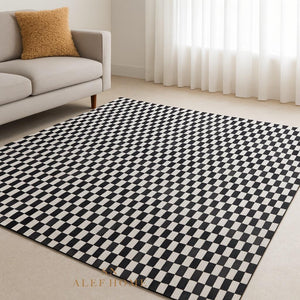Black and White Cowhide Area Rug – Handmade Modern Checkerboard Patchwork Leather Carpet for Home - Alef home