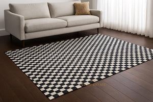 Black and White Cowhide Area Rug – Handmade Modern Checkerboard Patchwork Leather Carpet for Home - Alef home