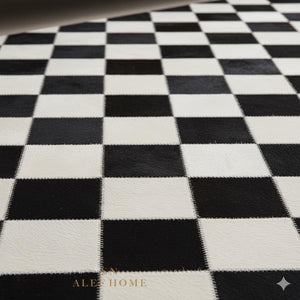 Black and White Cowhide Area Rug – Handmade Modern Checkerboard Patchwork Leather Carpet for Home - Alef home
