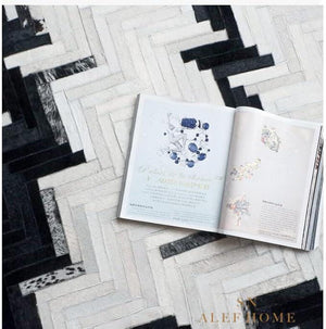 Handmade Black and White Cowhide Chevron Rug – Hair-On Patchwork Leather Carpet for Home - Alef home