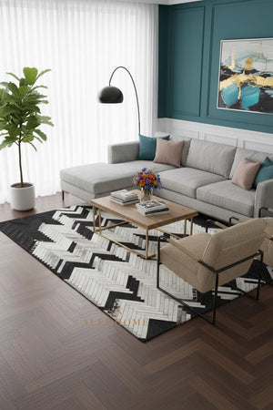 Handmade Black and White Cowhide Chevron Rug – Hair-On Patchwork Leather Carpet for Home - Alef home