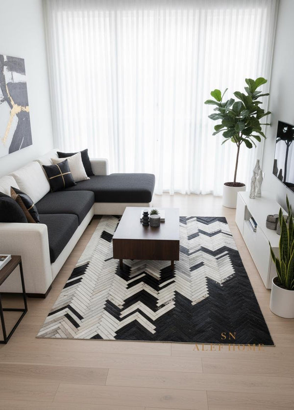 Handmade Black and White Cowhide Chevron Rug – Hair-On Patchwork Leather Carpet for Home - Alef home