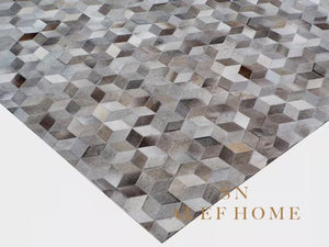 Modern Grey Cowhide Area Rug – 3D Cube Patchwork Hairon Leather Carpet - Alef home