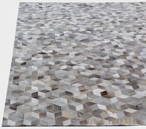 Modern Grey Cowhide Area Rug – 3D Cube Patchwork Hairon Leather Carpet - Alef home