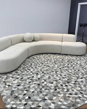 Modern Grey Cowhide Area Rug – 3D Cube Patchwork Hairon Leather Carpet - Alef home