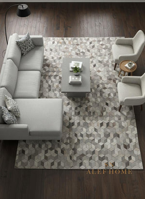 Modern Grey Cowhide Area Rug – 3D Cube Patchwork Hairon Leather Carpet - Alef home