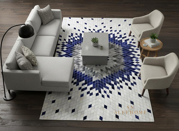 Luxury Blue White Cowhide Area Rug – Starburst Geometric Hairon Leather Carpet For Home - Alef home