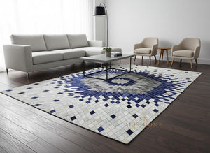 Luxury Blue White Cowhide Area Rug – Starburst Geometric Hairon Leather Carpet For Home - Alef home