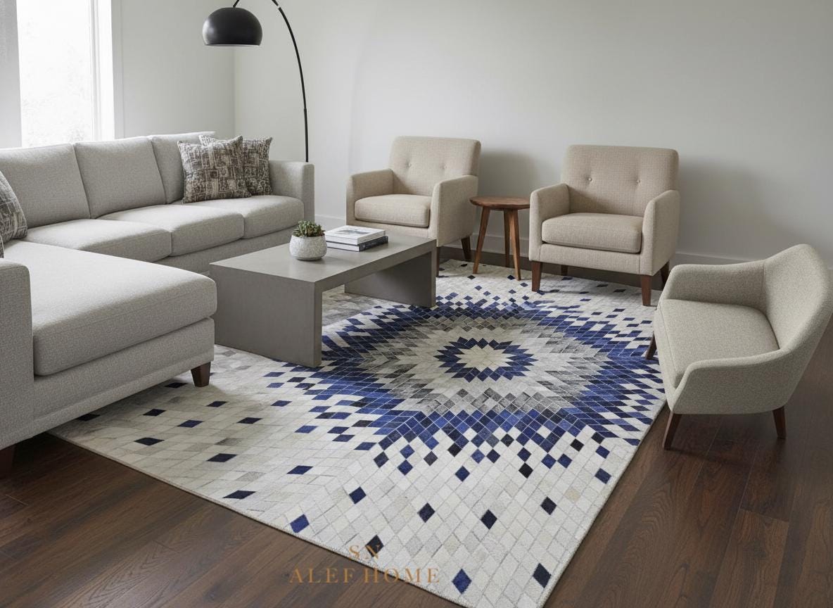 Luxury Blue White Cowhide Area Rug – Starburst Geometric Hairon Leather Carpet For Home - Alef home