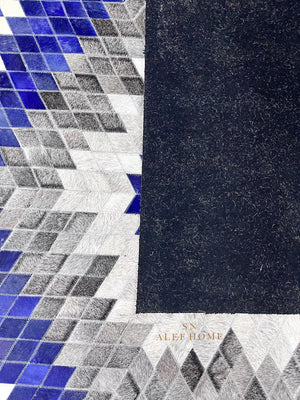 Luxury Blue White Cowhide Area Rug – Starburst Geometric Hairon Leather Carpet For Home - Alef home