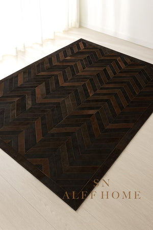 Handmade Brown Chevron Cowhide Rug: Hair-On Leather Patchwork Carpet - Alef home