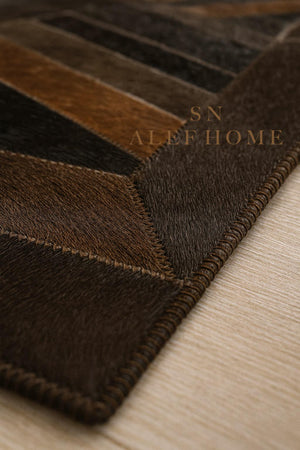 Handmade Brown Chevron Cowhide Rug: Hair-On Leather Patchwork Carpet - Alef home