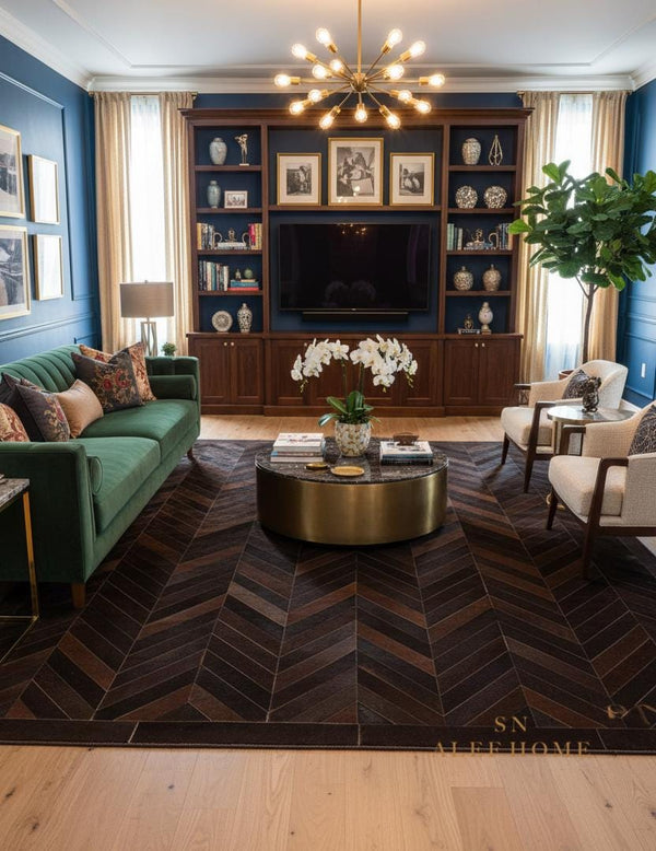 Handmade Brown Chevron Cowhide Rug: Hair-On Leather Patchwork Carpet - Alef home